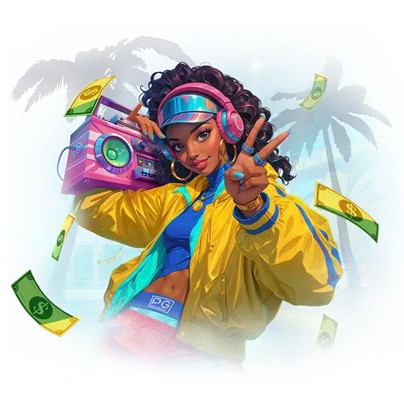 Funky Fortunez performer in yellow jacket carrying a pink boombox