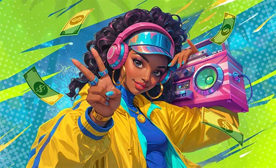 Funky Fortunez DJ character with headphones, boombox and flying prize money
