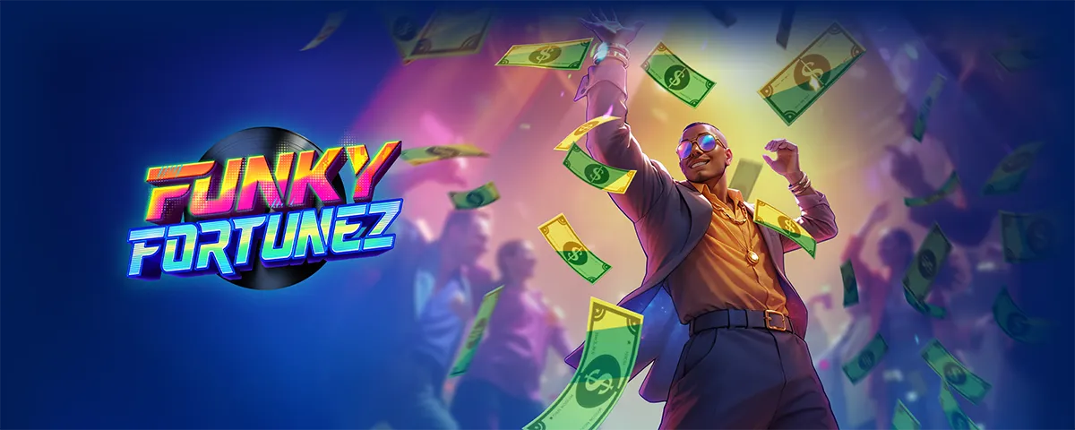 Funky Fortunez logo and rapper performing under nightclub lights with prize money