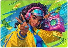 Funky Fortunez promotional artwork with DJ, boombox and green prize notes