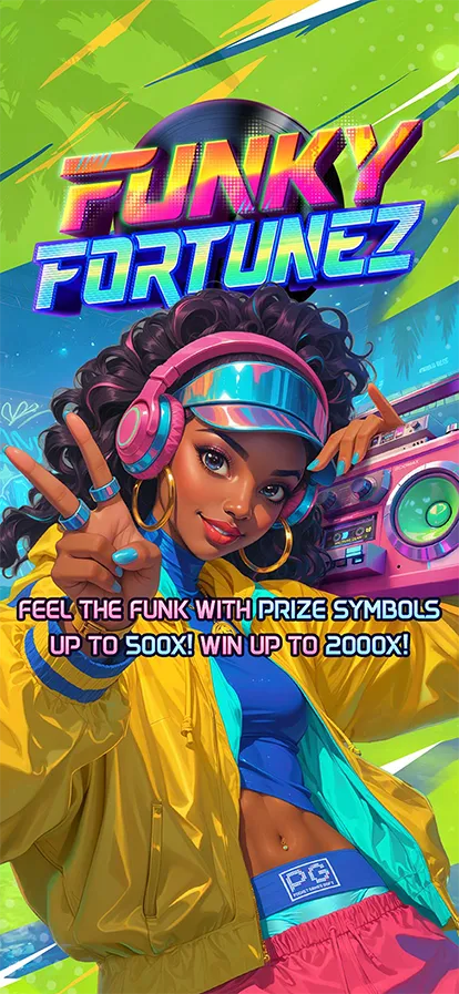 Vertical Funky Fortunez mobile artwork with logo, DJ and prize feature text